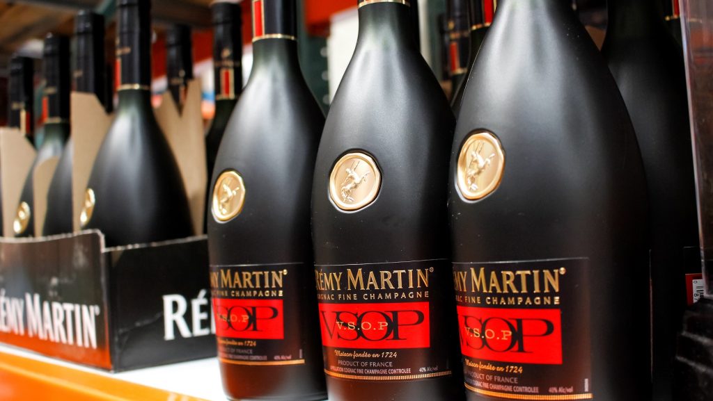 Bottles of Rémy Martin Cognac on display at a local grocery store, Los Angeles, California, United States, 1 July 2020