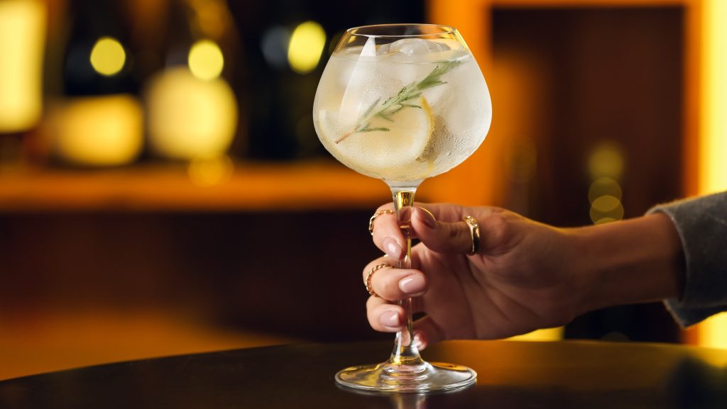 Hand holding glass of gin and tonic